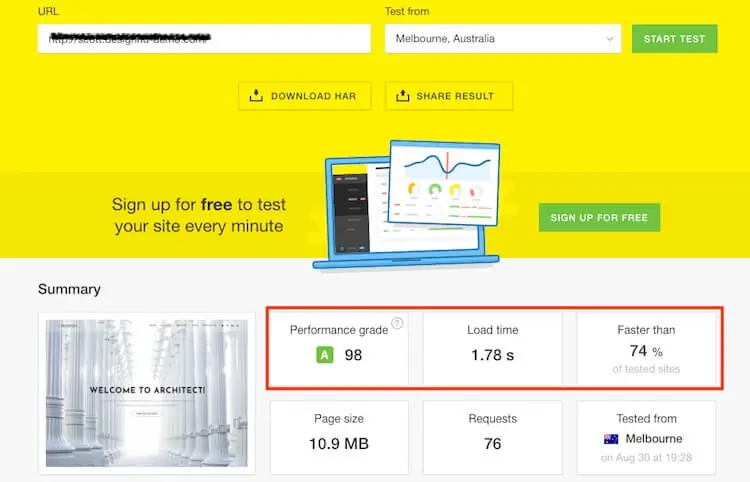 WP Super Cache 設定教學:WordPress 快取建議設定與預先載入 21 2018 年 Pingdom Website Speed Test 測試示範網站的結果,效能分數 98、載入時間 1.78 秒