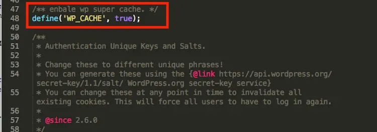 WP Super Cache 設定教學:WordPress 快取建議設定與預先載入 8 wp-config.php 中紅框標示 define('WP_CACHE', true); 這一行
