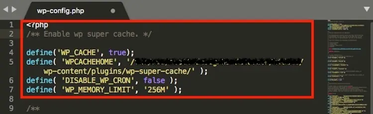 WP Super Cache 設定教學:WordPress 快取建議設定與預先載入 9 wp-config.php 開頭,紅框內有 WP_CACHE 與 WPCACHEHOME 設定,以及示範網站自己的其他設定