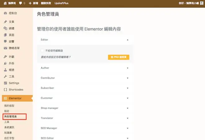 Elementor 教學:WordPress Elementor 免費版操作與設定入門 21 Elementor 角色管理員,可設定各使用者角色的編輯權限(舊版介面)