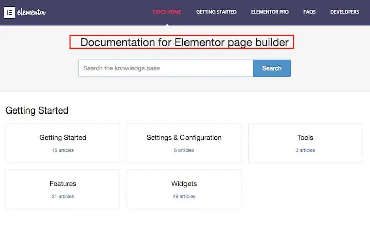 Elementor 教學:WordPress Elementor 免費版操作與設定入門 24 Elementor 官方說明文件的搜尋頁面(2018 年畫面)