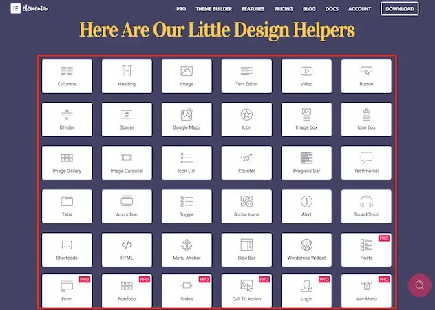 Elementor 教學:WordPress Elementor 免費版操作與設定入門 6 Elementor 官網列出各種小工具(Widget)的示意畫面(2018 年畫面)