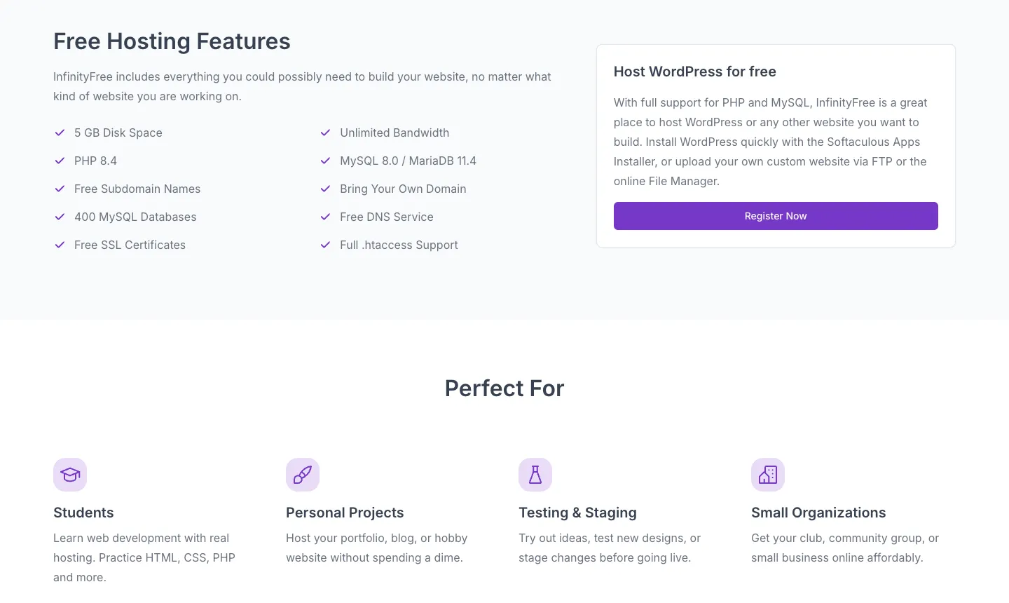免費網頁空間還有哪些?000webhost 關站後的免費 WordPress 主機現況 3 InfinityFree 官網的免費主機功能清單:5 GB 磁碟空間、不限頻寬、PHP 8.4、MySQL 8.0/MariaDB 11.4、免費子網域、可綁自有網域、免費 SSL 憑證