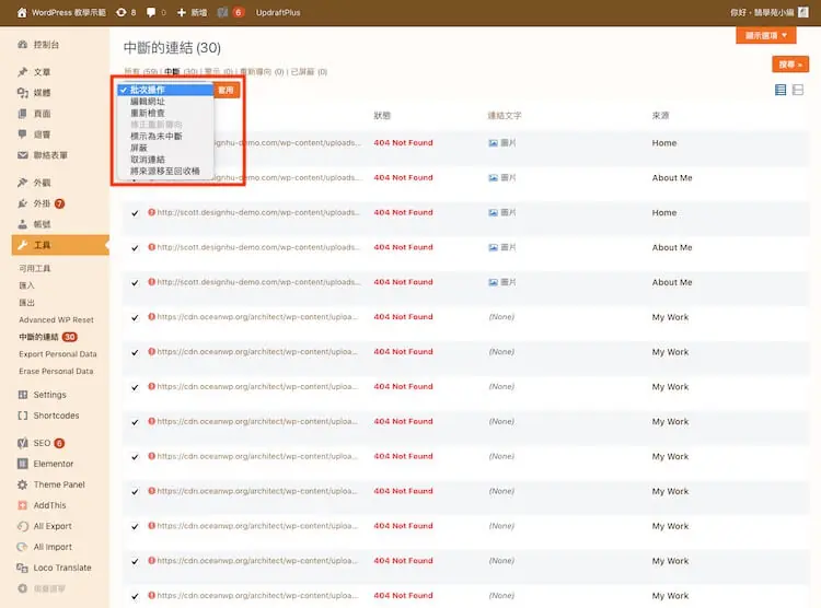 網址檢查必備:Broken Link Checker 找出 WordPress 失效連結教學 16 失效連結列表左上角的批次操作選單