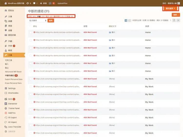 網址檢查必備:Broken Link Checker 找出 WordPress 失效連結教學 9 失效連結列表,顯示網址、狀態、錨點文字與來源