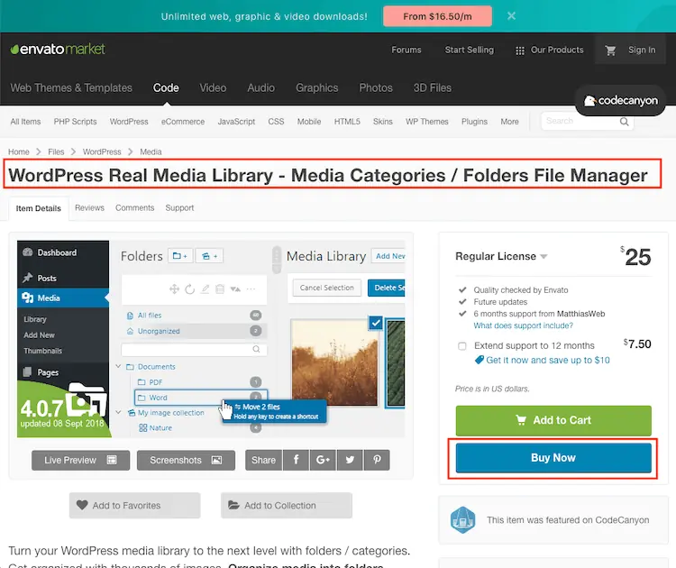 Real Media Library 教學:WordPress 媒體庫資料夾分類外掛 1 早期在 CodeCanyon 販售的 Real Media Library 商品頁(舊版畫面)