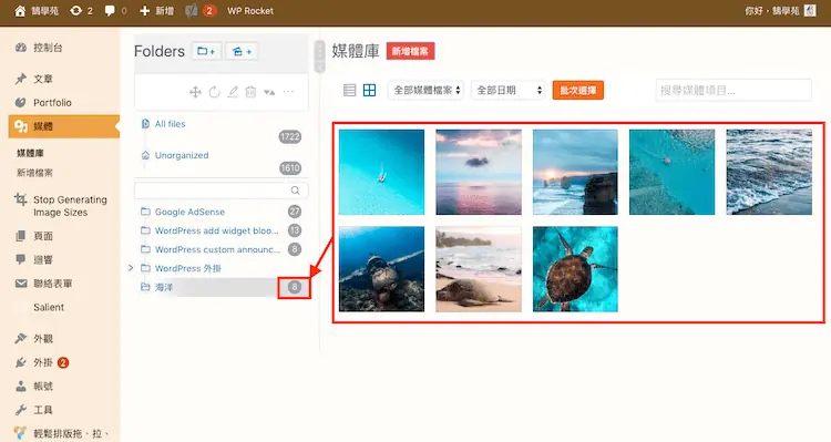 Real Media Library 教學:WordPress 媒體庫資料夾分類外掛 16 上傳完成的圖片直接出現在海洋資料夾中