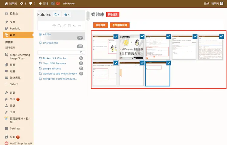 Real Media Library 教學:WordPress 媒體庫資料夾分類外掛 7 切換批次選取模式,勾選多張要搬移的圖片