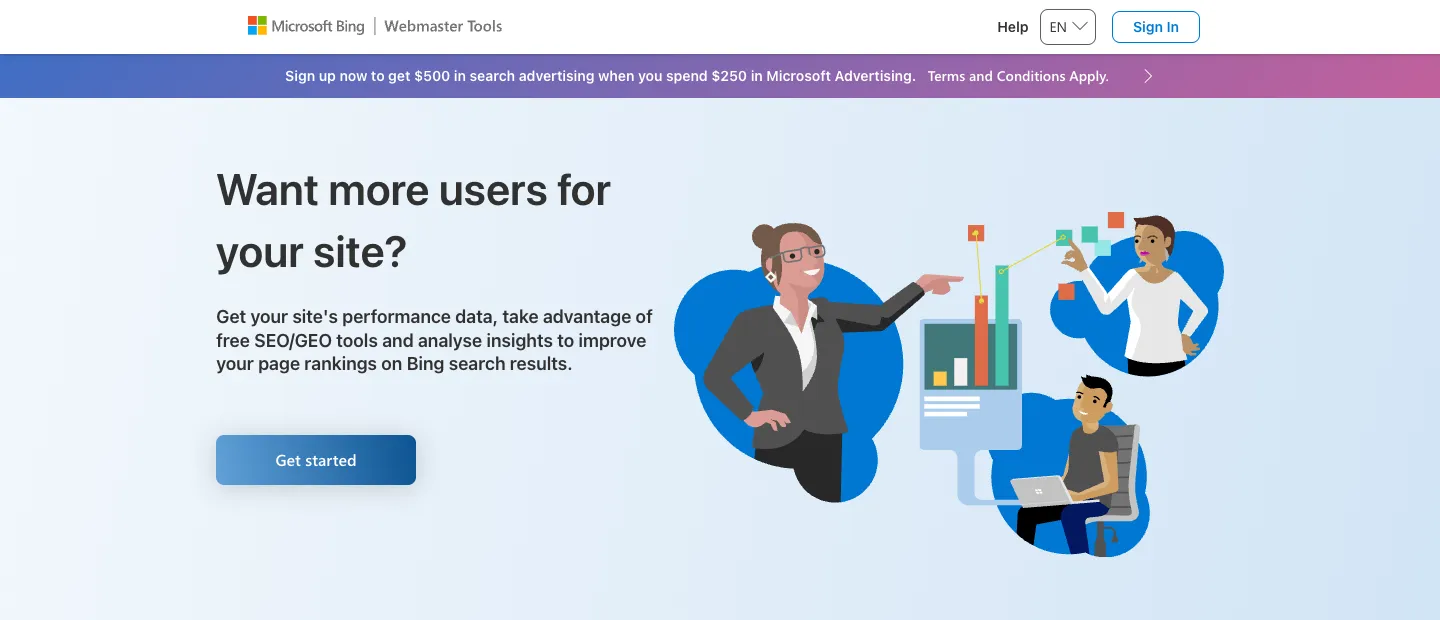 Bing 網站管理員工具教學:驗證網站、提交 sitemap、IndexNow 1 Bing Webmaster Tools 首頁(bing.com/webmasters),右上角有 Sign In,中間是 Get started 按鈕