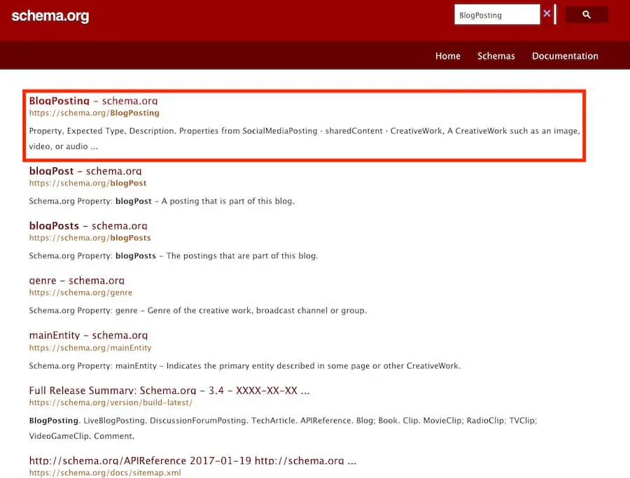Google 結構化資料教學:Schema 是什麼、WordPress 怎麼加與測試 2 Schema.org 搜尋結果中的 BlogPosting 項目