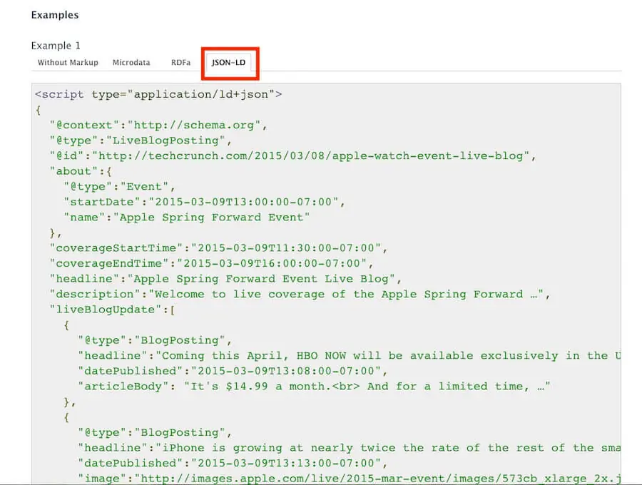 Google 結構化資料教學:Schema 是什麼、WordPress 怎麼加與測試 3 Schema.org 的 Examples 區塊,以 JSON-LD 格式示範 BlogPosting 標記
