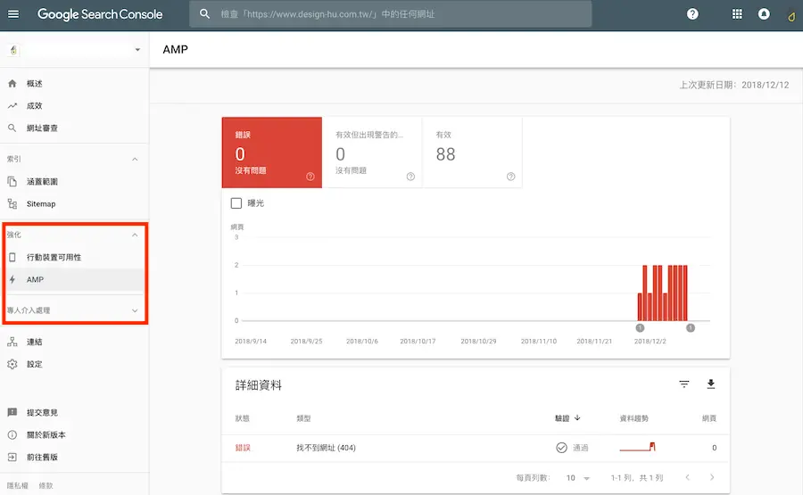 Search Console 強化項目的位置（2018 年畫面，現在顯示的報表依網站結構化資料而定）