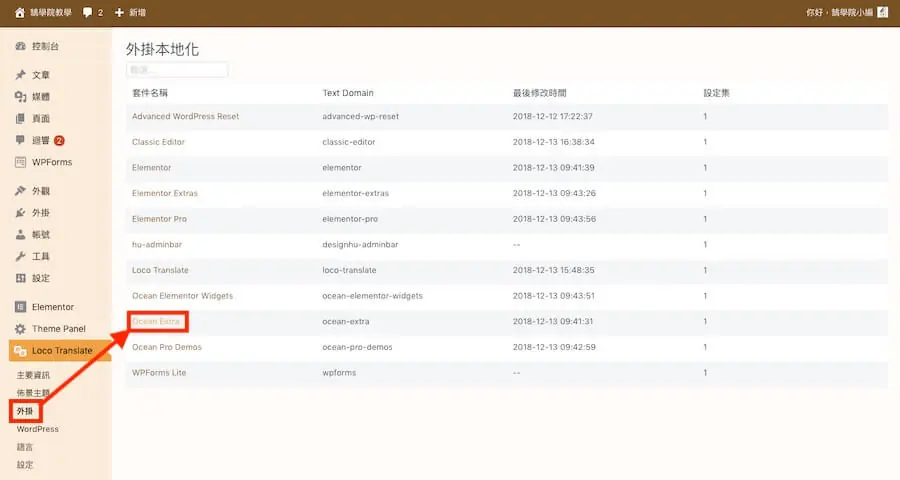 Loco Translate 教學:WordPress 主題與外掛翻譯成中文外掛 16 Loco Translate 外掛本地化清單,紅框標示 Ocean Extra