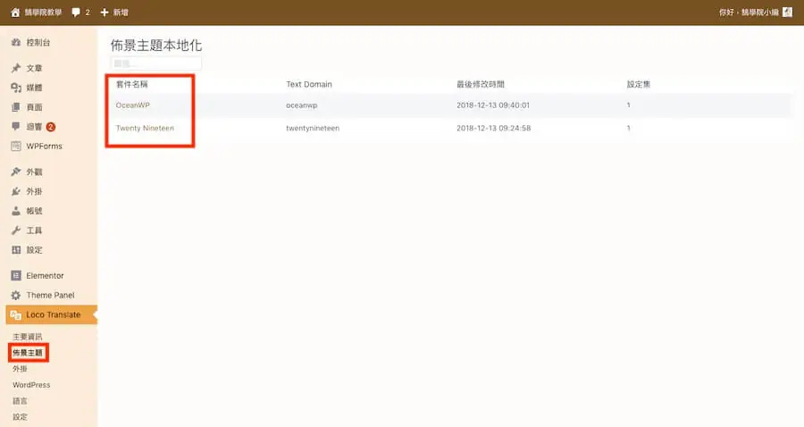 Loco Translate 教學:WordPress 主題與外掛翻譯成中文外掛 4 Loco Translate 佈景主題本地化頁面,列出 OceanWP 與 Twenty Nineteen