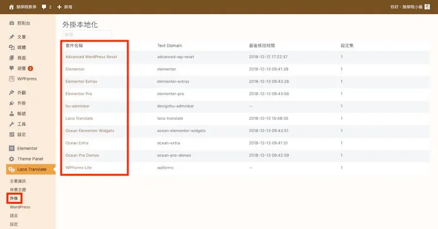 Loco Translate 教學:WordPress 主題與外掛翻譯成中文外掛 5 Loco Translate 外掛本地化頁面,列出 Elementor、Ocean Extra、WPForms Lite 等已安裝外掛