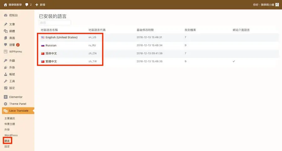Loco Translate 教學:WordPress 主題與外掛翻譯成中文外掛 7 Loco Translate 已安裝的語言頁面,列出 English、Russian、簡體中文、繁體中文