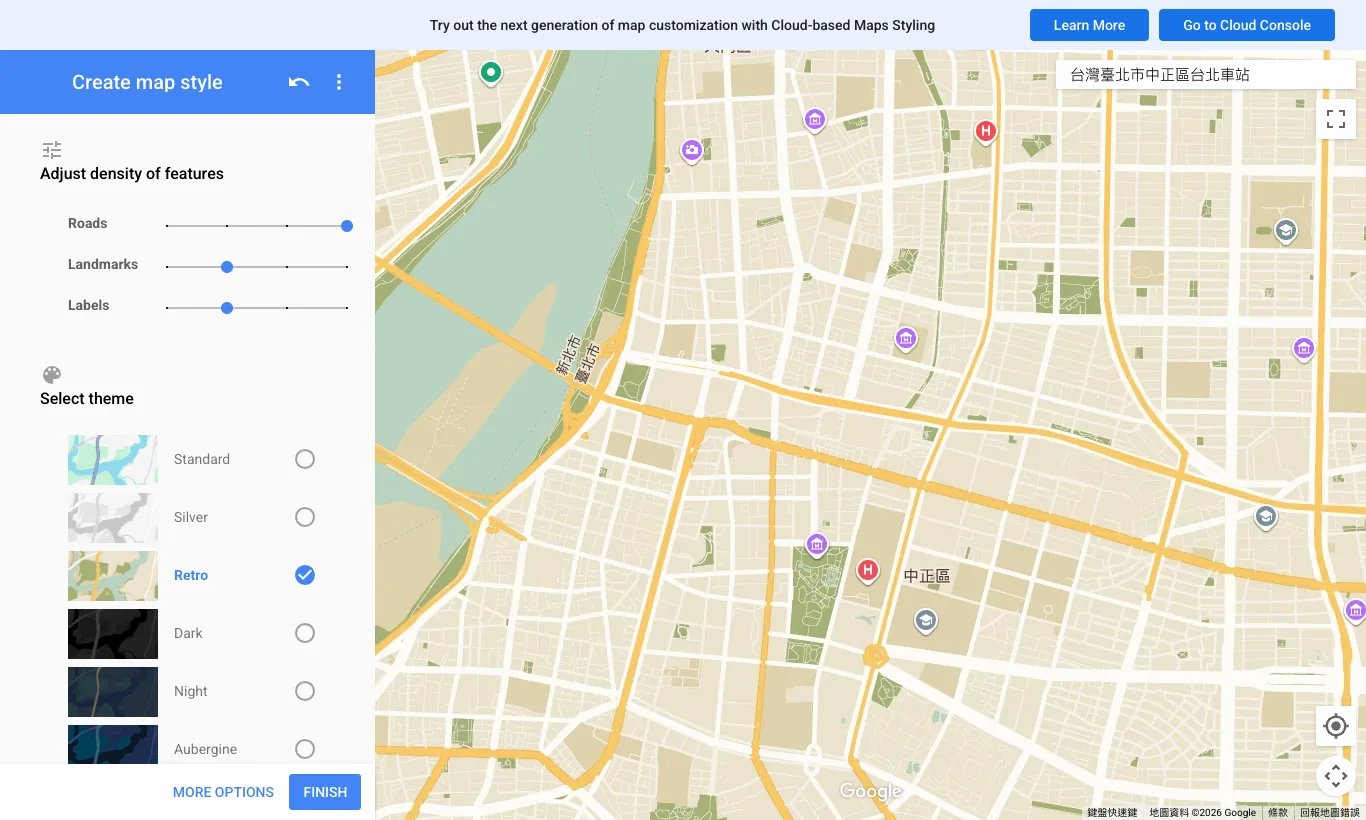 Google Map Style 自訂樣式教學:Styling Wizard 與雲端樣式 3 Styling Wizard 選擇 Retro 復古主題,並把地標與文字標籤密度調低後的台北車站周邊地圖