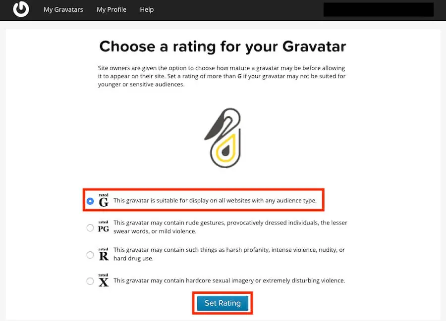 Gravatar 是什麼?WordPress 帳號顯示個人頭像照片的申請與設定教學 11 舊版選擇頭像分級的畫面,G 級適合所有網站