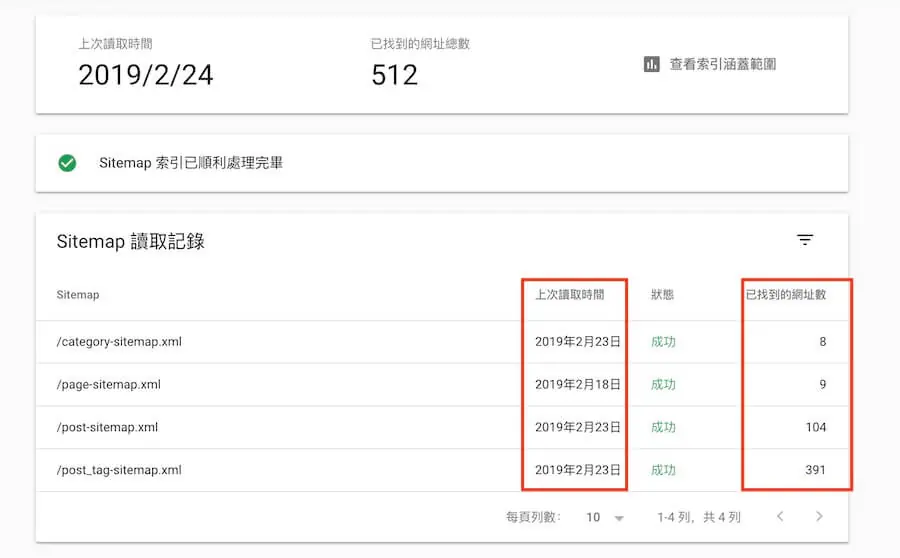 單一 sitemap 的詳細頁，顯示上次讀取時間與找到的網址數