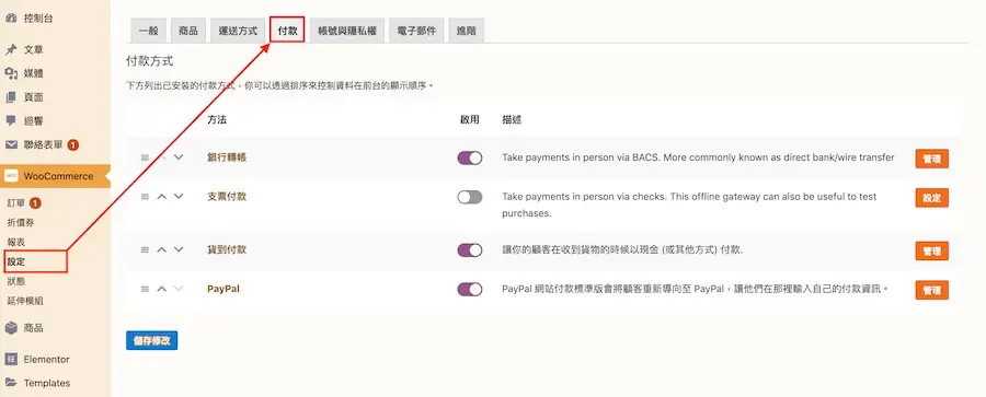 WooCommerce 付款設定頁的付款方式清單（舊版畫面，新版改為分區顯示）