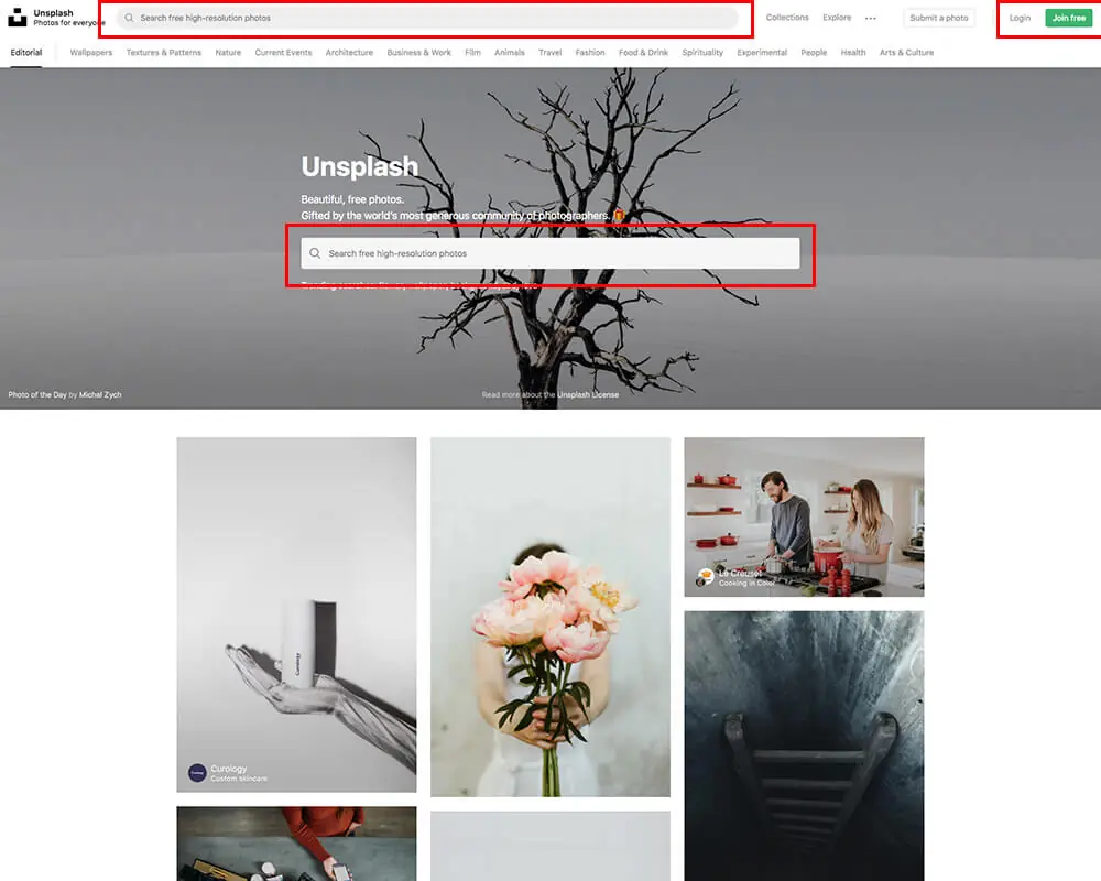 CC0 是什麼意思?Unsplash 免費圖庫能商用嗎?授權規則與下載教學 1 舊版 Unsplash 首頁,紅框標示上方與中央的兩個搜尋框,以及右上角的 Login 與 Join free 按鈕