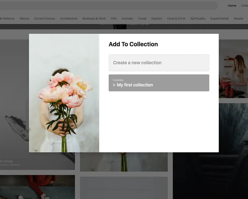 CC0 是什麼意思?Unsplash 免費圖庫能商用嗎?授權規則與下載教學 3 Add To Collection 視窗,左側是要收藏的花束照片,右側有 Create a new collection 與 My first collection 兩個選項