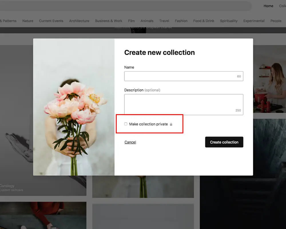 CC0 是什麼意思?Unsplash 免費圖庫能商用嗎?授權規則與下載教學 4 Create new collection 視窗,有 Name 與 Description 欄位,Make collection private 勾選框以紅框標示