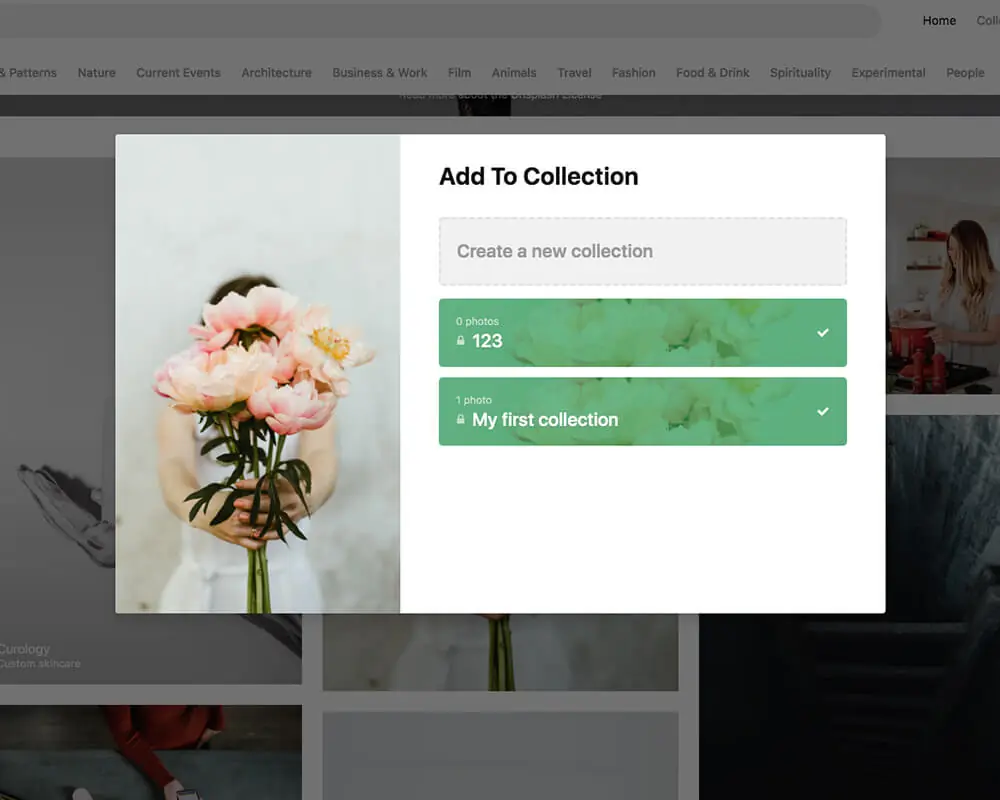 CC0 是什麼意思?Unsplash 免費圖庫能商用嗎?授權規則與下載教學 5 Add To Collection 視窗中,名為 123 與 My first collection 的兩個收藏集都顯示綠色打勾