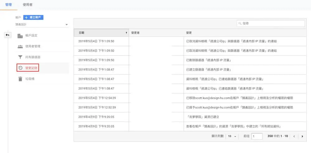 Google Analytics 設定教學:GA4 帳戶、使用者權限與排除內部流量 4 舊版 Google Analytics 的變更記錄列表,列出日期、變更者與變更內容