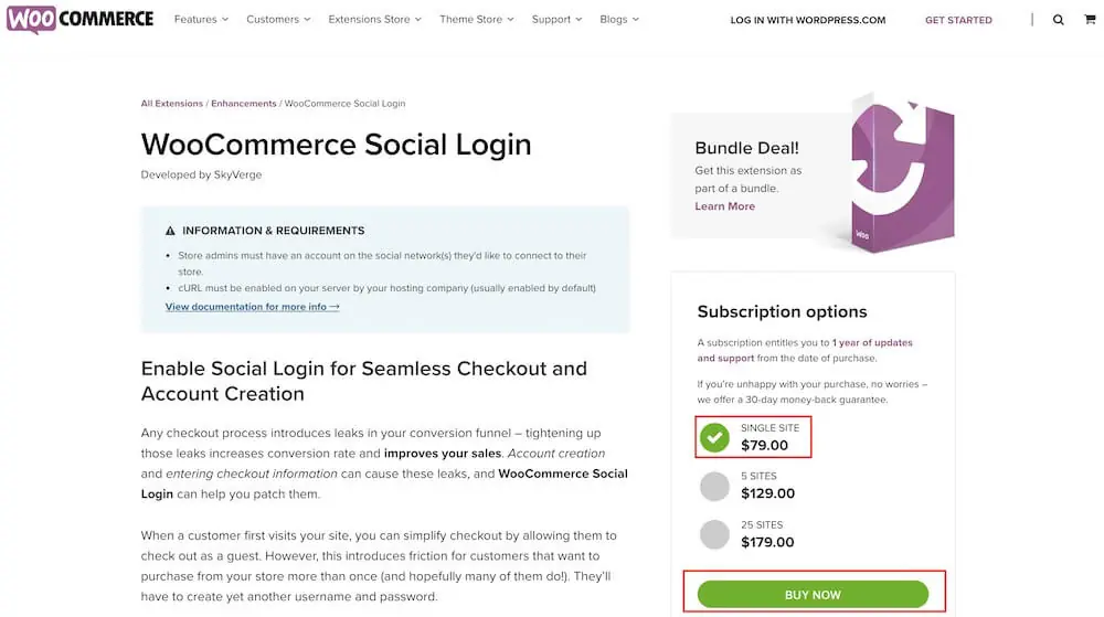 WooCommerce 社群登入教學:Social Login 外掛設定步驟 1 WooCommerce.com 上的 Social Login 外掛介紹與購買頁