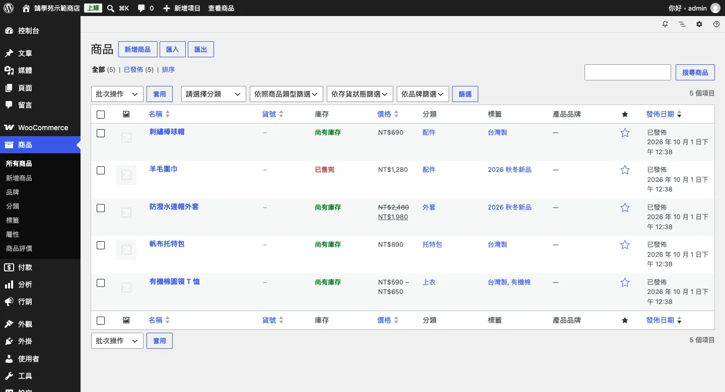 WooCommerce 所有商品列表：上方可依分類、商品類型、存貨狀態篩選，列表顯示庫存、價格、分類與標籤