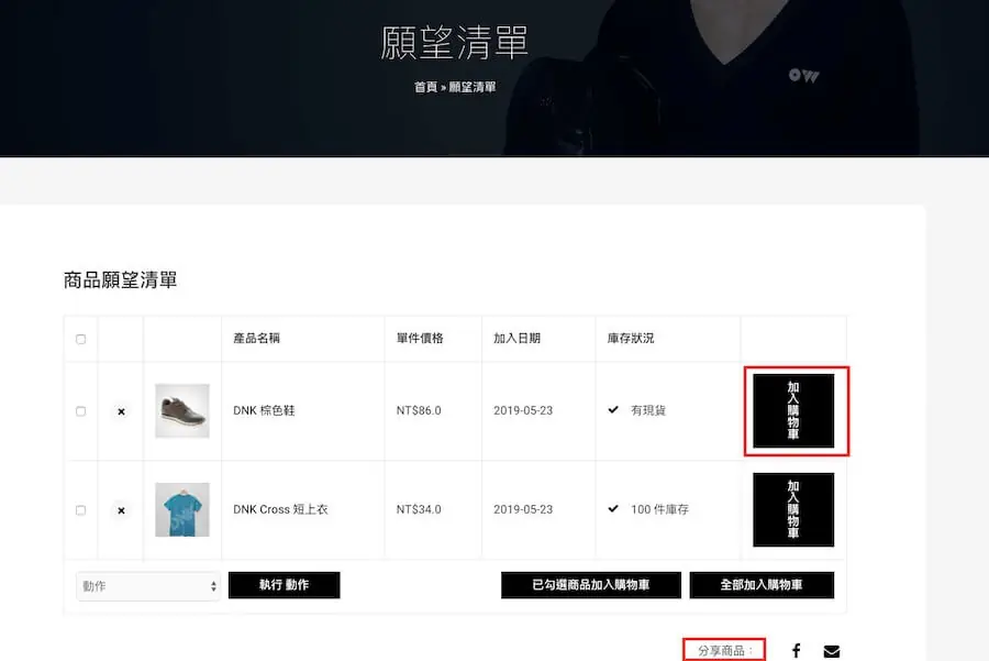 TI WooCommerce Wishlist 前台願望清單頁，列出商品名稱、單件價格、加入日期、庫存狀況與加入購物車按鈕