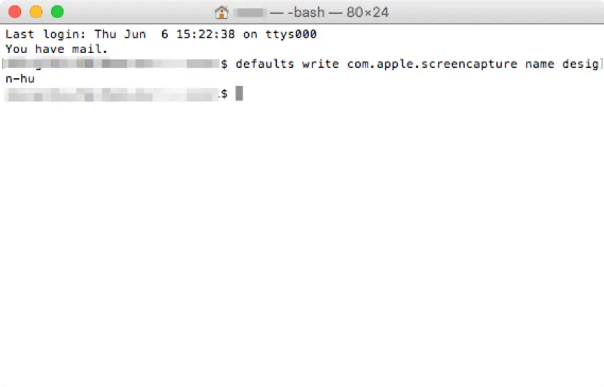 在終端機輸入 defaults write com.apple.screencapture name 指令修改截圖檔名