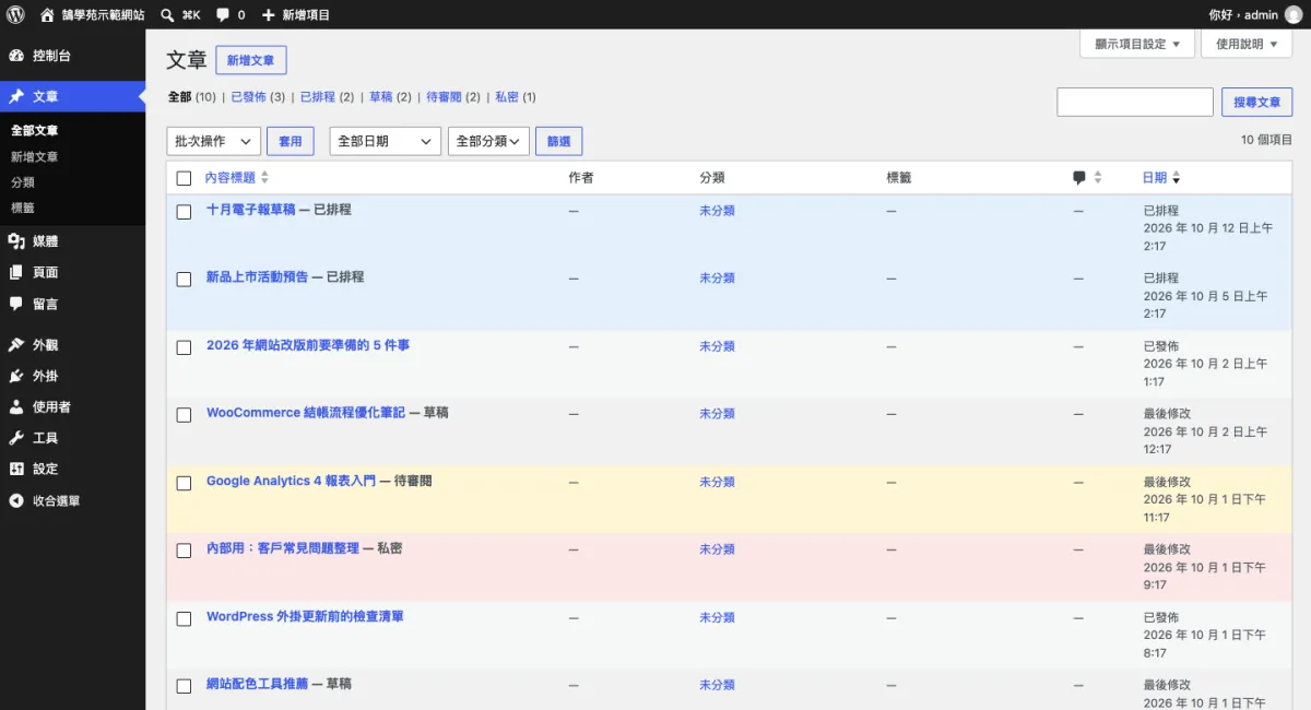 WordPress 後台文章列表依狀態換背景色:functions.php 函數 1 WordPress 後台文章列表套用狀態背景色後的實際畫面:已排程淡藍、待審閱淡黃、草稿淡灰、私密淡紅,已發佈維持原色