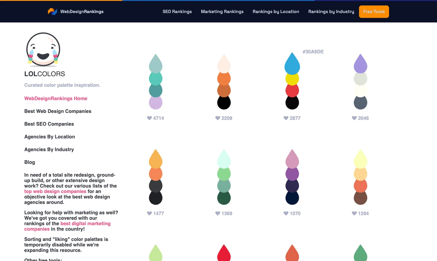 NIPPON COLORS 日本傳統色與 LOL Colors 配色網站教學(2026) 1 LOL Colors 配色網站,滑鼠移到藍色水滴上時,旁邊顯示色碼 #30A9DE