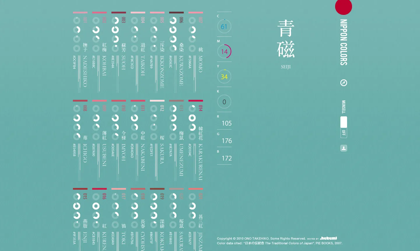 NIPPON COLORS 日本傳統色與 LOL Colors 配色網站教學(2026) 2 NIPPON COLORS 網站選取青磁(SEIJI)後,背景變成青磁色,中間顯示 CMYK 61、14、34、0 與 RGB 105、176、172