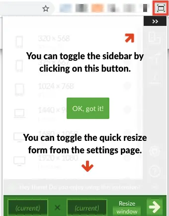 Window Resizer 彈出視窗，列出預設尺寸清單，下方可自行輸入寬高