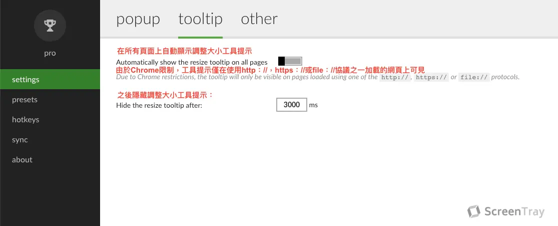 Window Resizer 設定頁的 Tooltip 區塊，設定是否顯示目前視窗大小