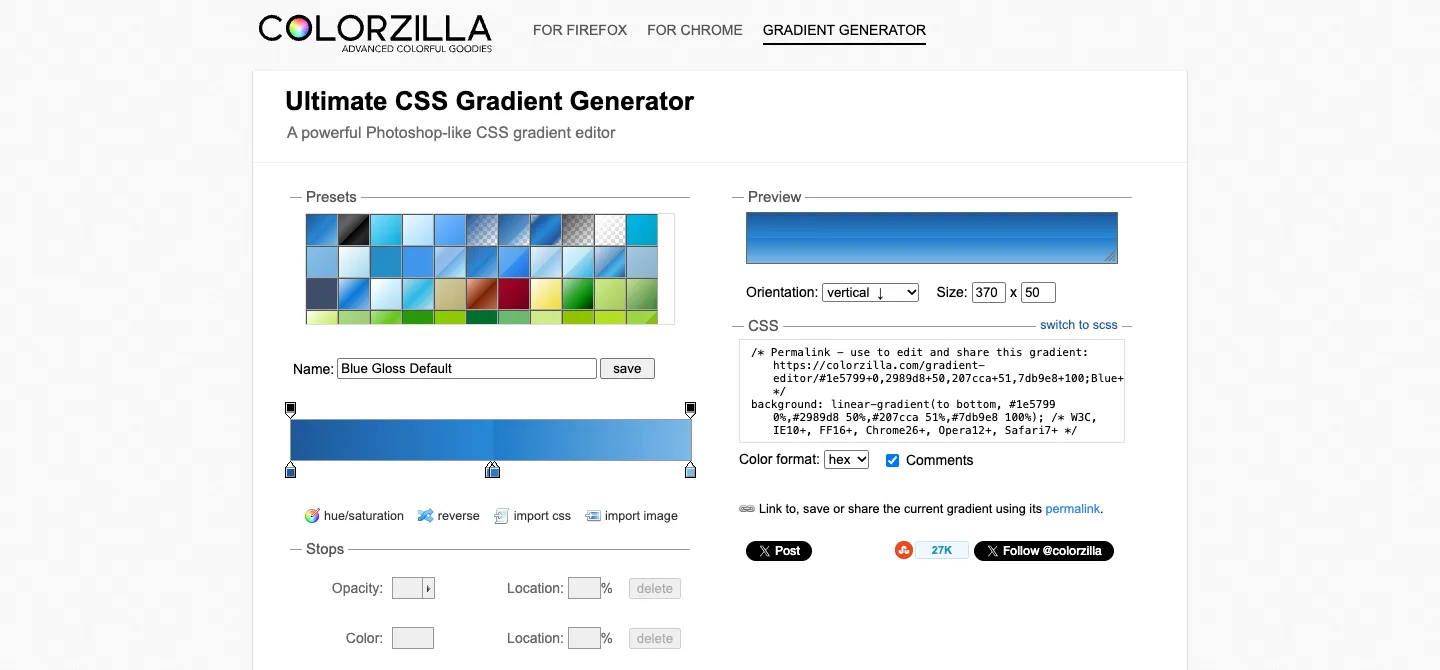 ColorZilla 線上 Ultimate CSS Gradient Generator，左側預設漸層與色標，右側預覽與自動產生的 CSS 語法