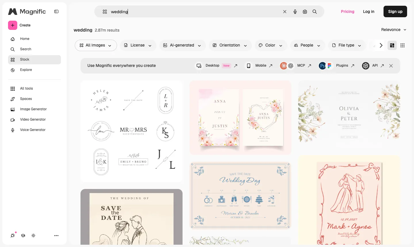 在 Magnific 搜尋 wedding 的結果頁，上方有 License、Orientation、Color、File type 等篩選條件（2026 年 10 月擷取）