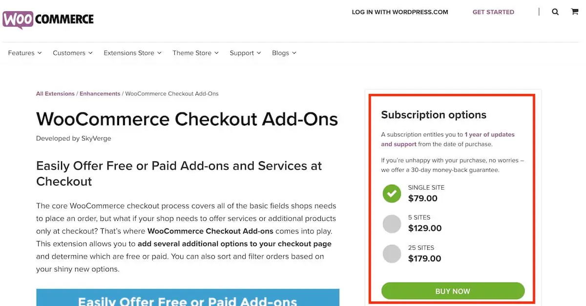 WooCommerce 結帳頁面加收費用:Checkout Add-Ons 外掛設定教學 1 WooCommerce.com 上的 Checkout Add-Ons 購買頁