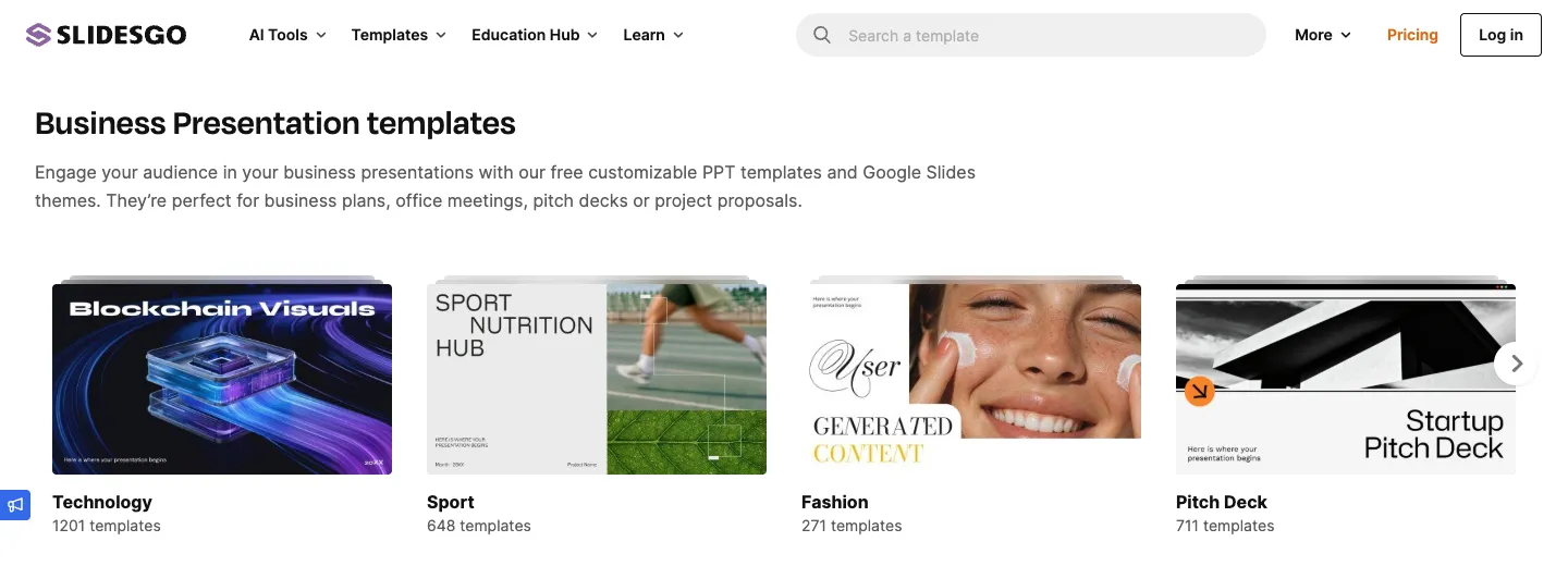 Slidesgo 的 Business 分類頁，上方列出 Technology、Sport、Fashion、Pitch Deck 等子分類與模板數量