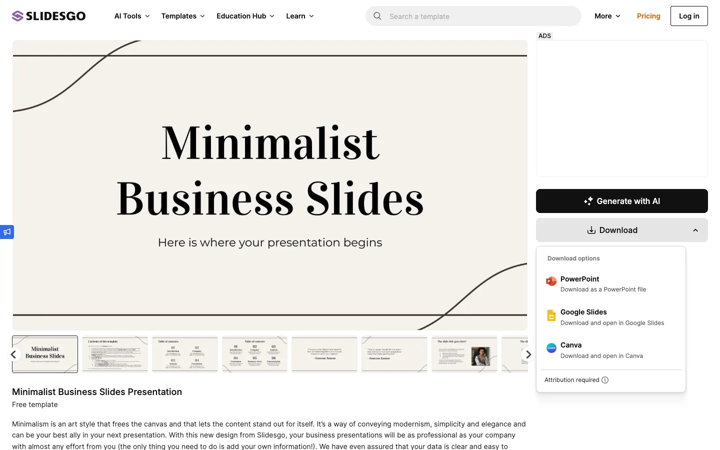 Slidesgo 模板頁展開 Download 選單，可選 PowerPoint、Google Slides、Canva，下方標示 Attribution required