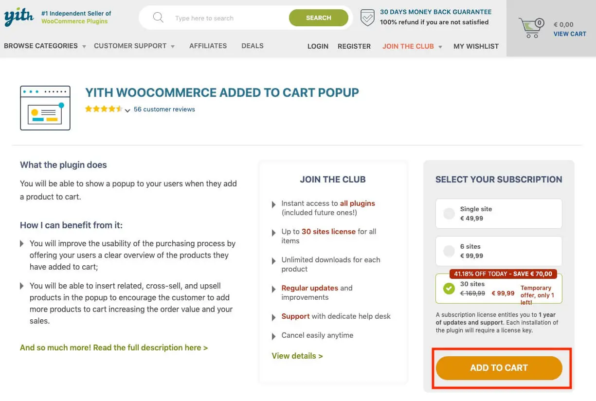 WooCommerce 加入購物車彈出視窗:YITH Cart Popup 設定教學 1 YITH 官網的 Added to Cart Popup 商品頁(舊版畫面)