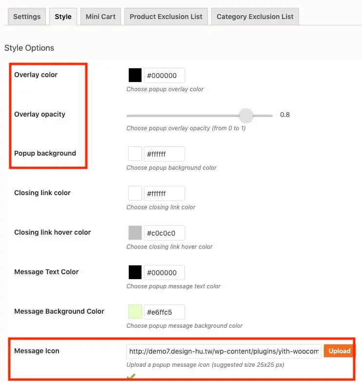 WooCommerce 加入購物車彈出視窗:YITH Cart Popup 設定教學 7 外觀樣式設定:遮罩顏色、透明度、視窗背景與訊息圖示