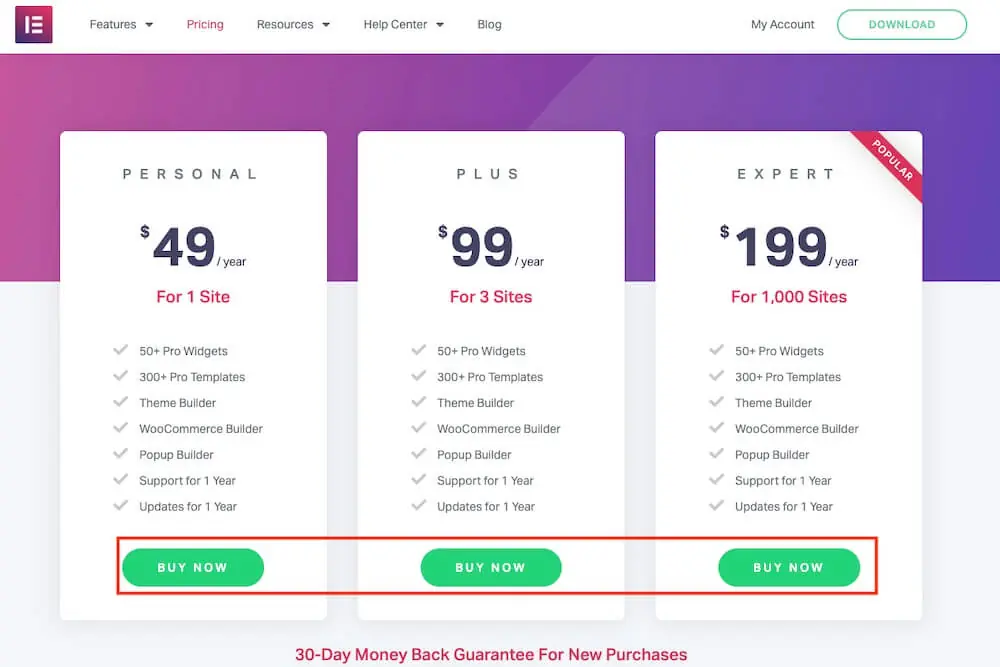 Elementor 文章列表教學:Posts 小工具版面、查詢與分頁設定 1 Elementor 定價頁的 Pro 方案選擇畫面(2019 年舊版畫面,方案與價格已改變)