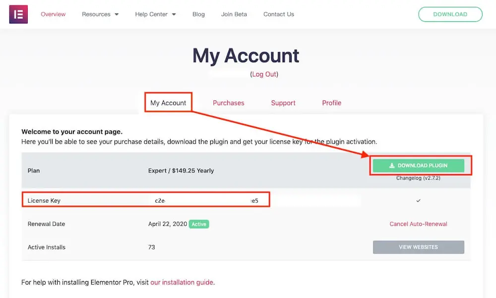 Elementor 文章列表教學:Posts 小工具版面、查詢與分頁設定 2 Elementor 帳號頁面的 Pro 外掛下載按鈕與授權金鑰(舊版畫面)