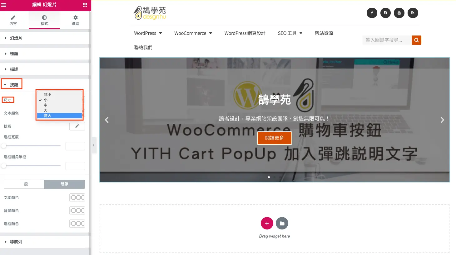Elementor 幻燈片輪播教學:用 Slides 小工具做首頁大圖 Banner 12 樣式分頁中按鈕尺寸與邊框顏色設定