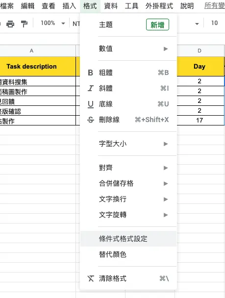 Google 試算表甘特圖教學:用條件式格式自動產生長條圖 9 從格式選單開啟條件式格式設定