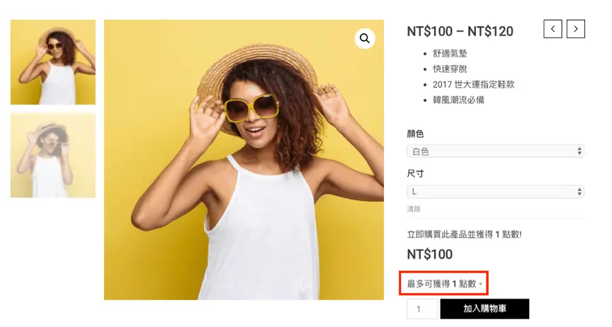 可變商品頁，選擇顏色與尺寸後，價格下方以紅框標示「最多可獲得 1 點數」提示